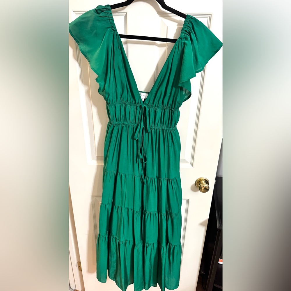 MABLE Emerald Green, Deep V, Tiered Midi Dress (Size S)